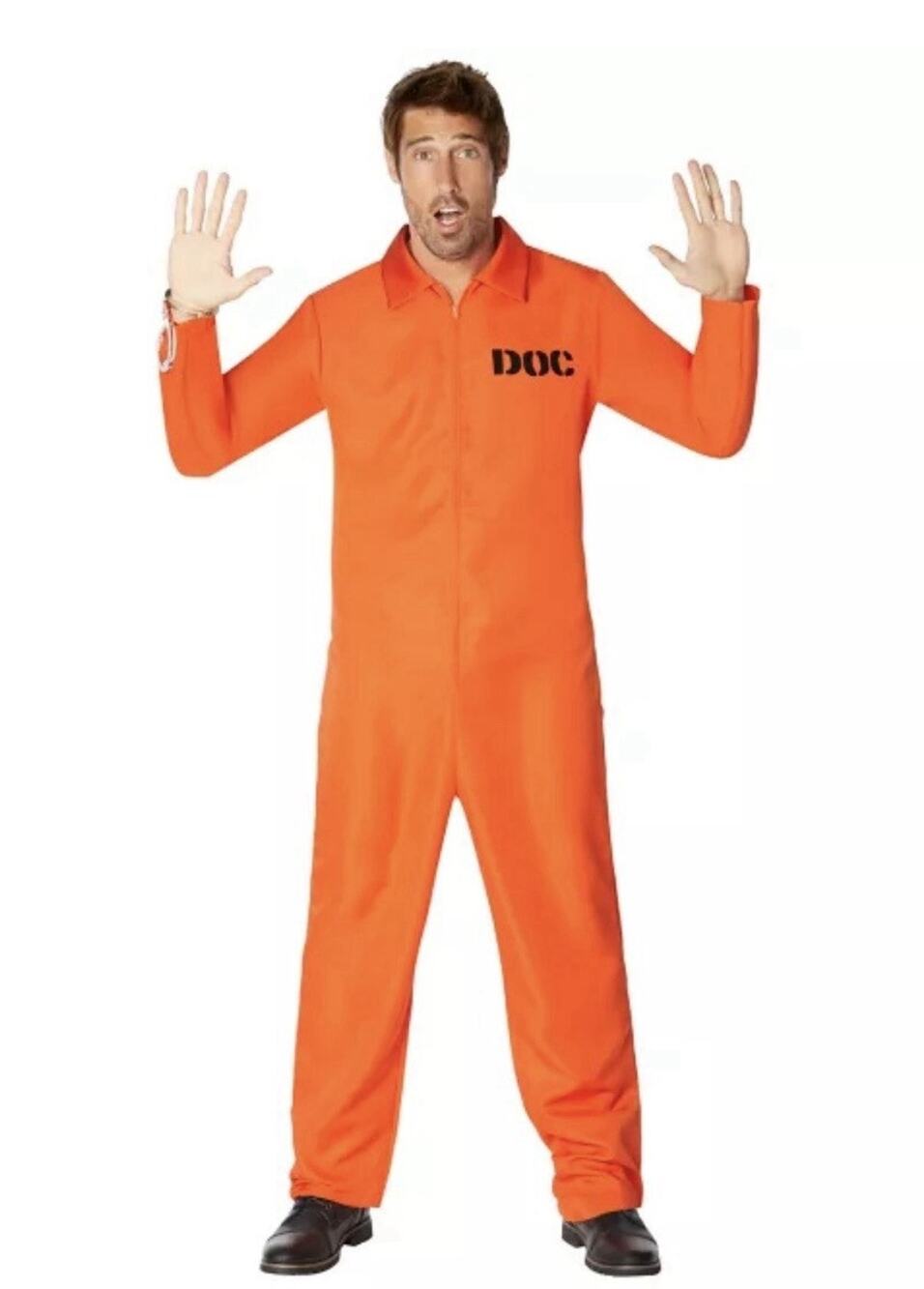 Spirit Halloween Escaped Convict Costume Adult SM/MD Orange Prison Jumpsuit